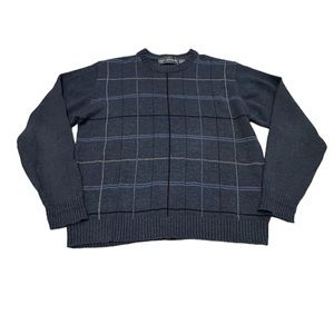 Oscar De La Ranta mens large blue plaid pullover sweater long sleeve knit cotton